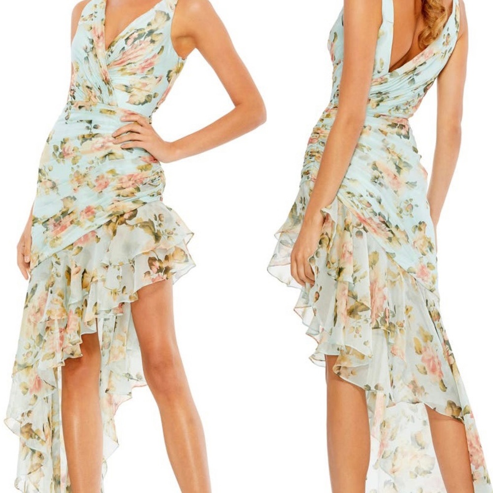 Mac Duggal Ruched Trailing Hem Dress